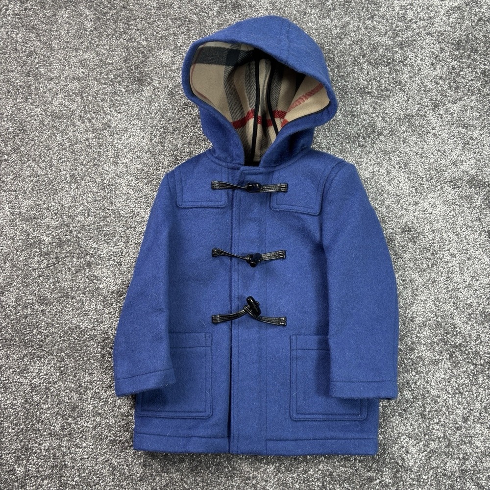 Burberry Children Wool Peacoat Baby Toddler 2T Blue Toggle Hooded Full Zip Plaid